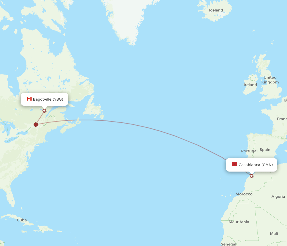 YBG to CMN flights and routes map