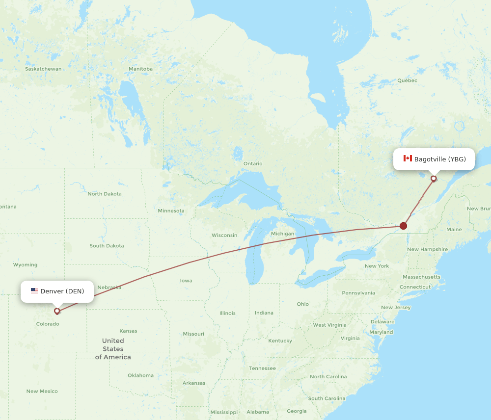 YBG to DEN flights and routes map