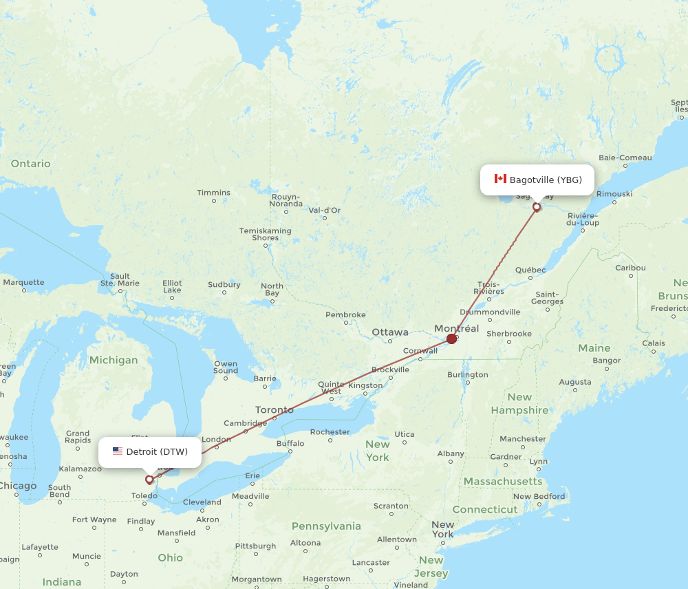 DTW to YBG flights and routes map