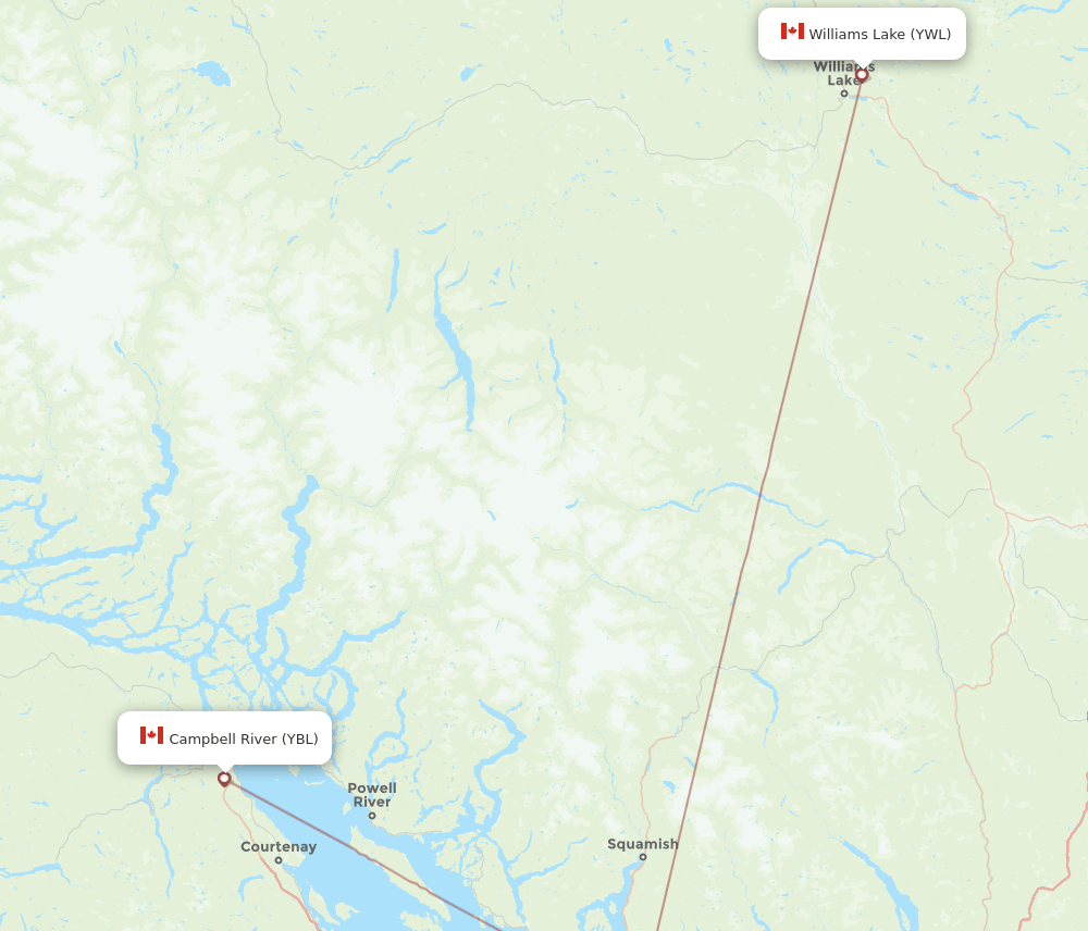 Williams Lake - Campbell River route map and flight paths