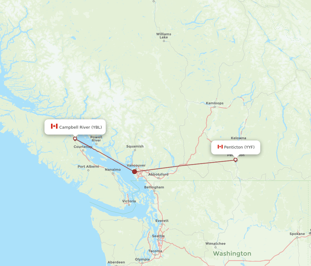 Penticton - Campbell River route map and flight paths