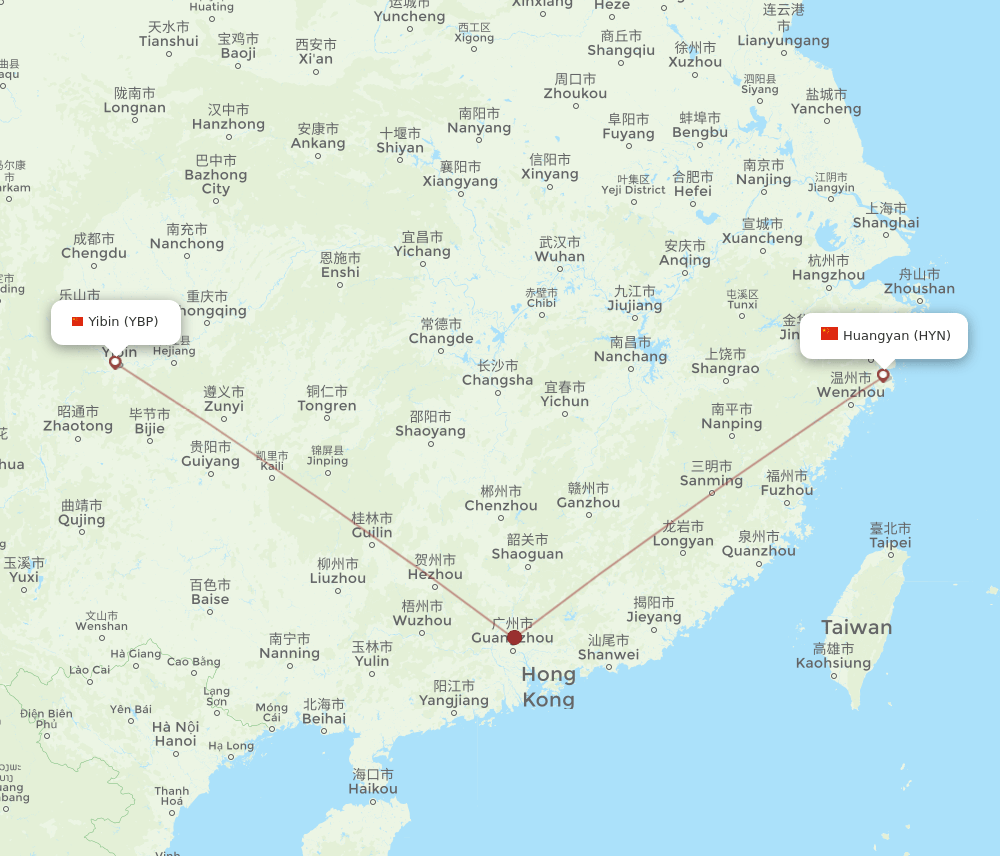 Taizhou - Yibin route map and flight paths