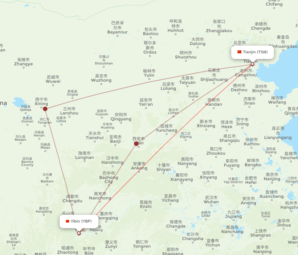 YBP to TSN flights and routes map
