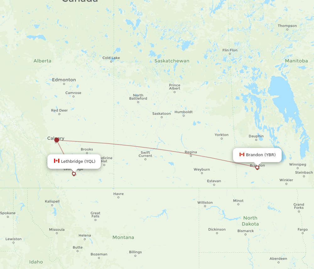 YBR to YQL flights and routes map