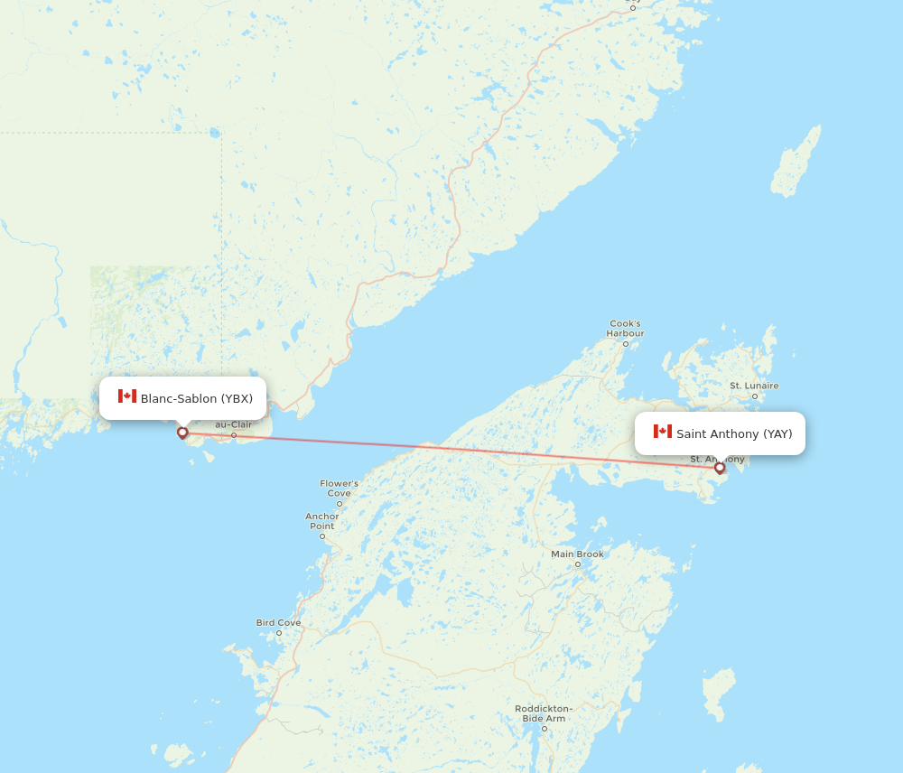 YBX to YAY flights and routes map