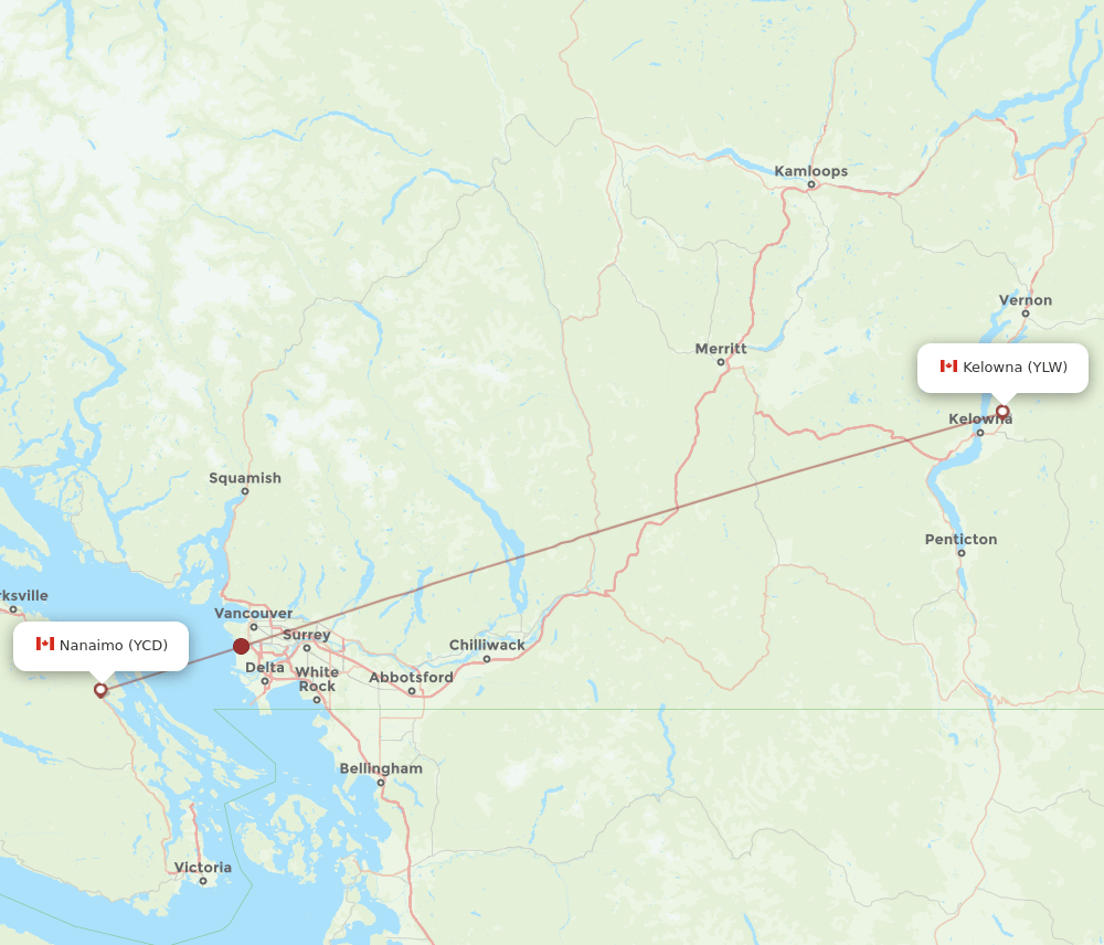 YCD to YLW flights and routes map