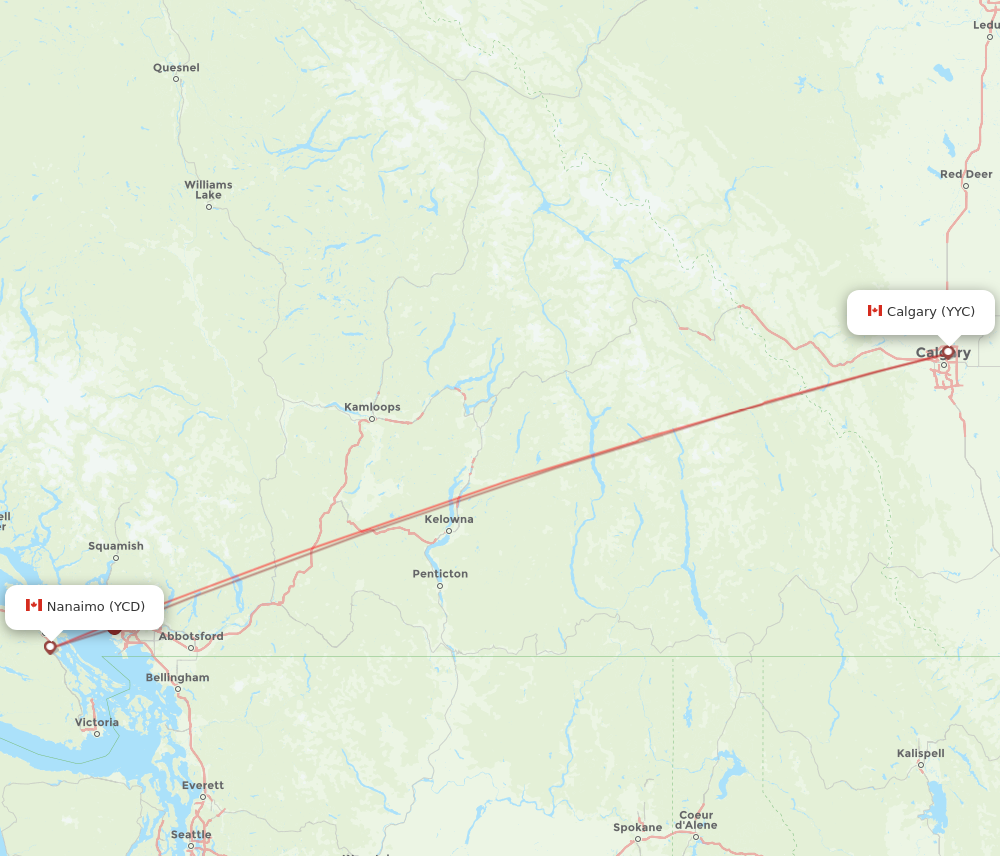YCD to YYC flights and routes map