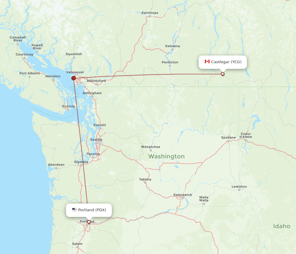 YCG to PDX flights and routes map