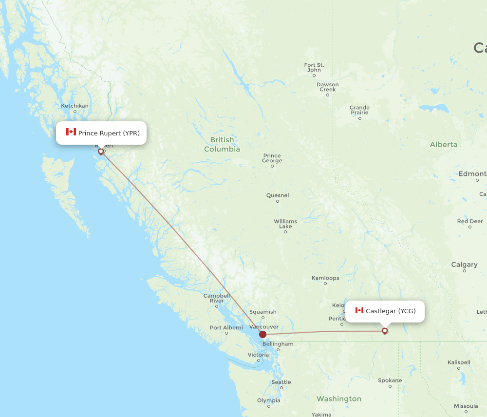 YCG to YPR flights and routes map