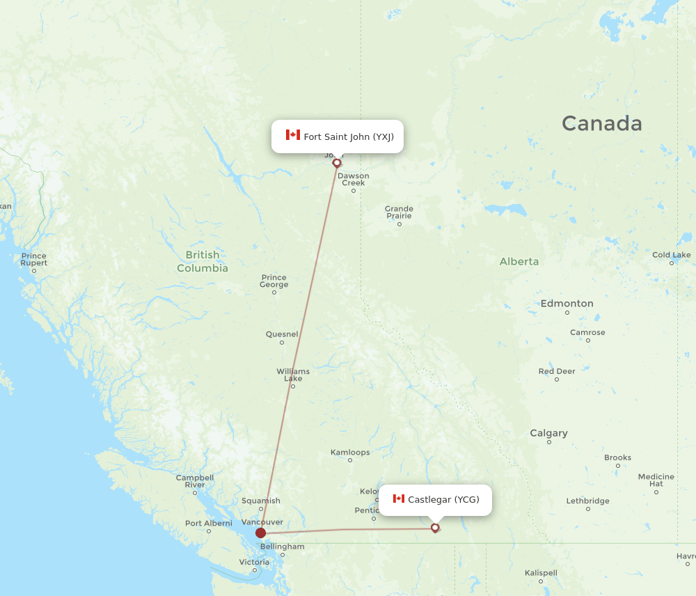 YXJ to YCG flights and routes map