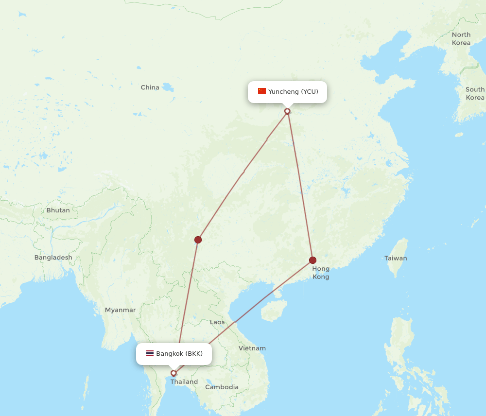 YCU to BKK flights and routes map