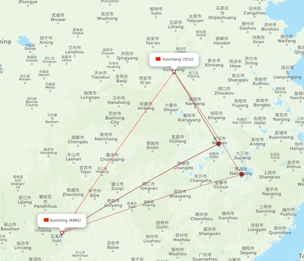YCU-KMG flight routes