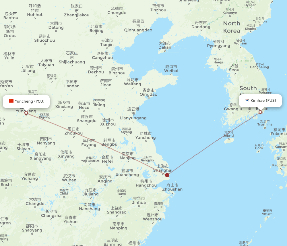 Busan - Yuncheng route map and flight paths