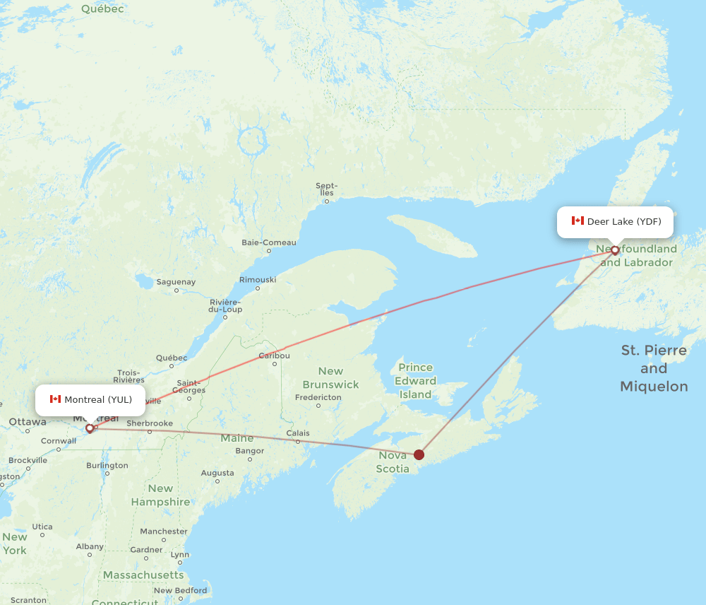 Montreal - Deer Lake route map and flight paths