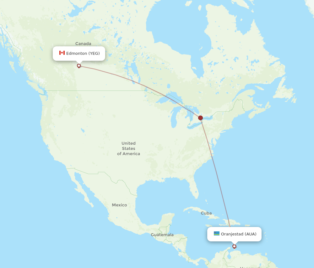 YEG to AUA flights and routes map