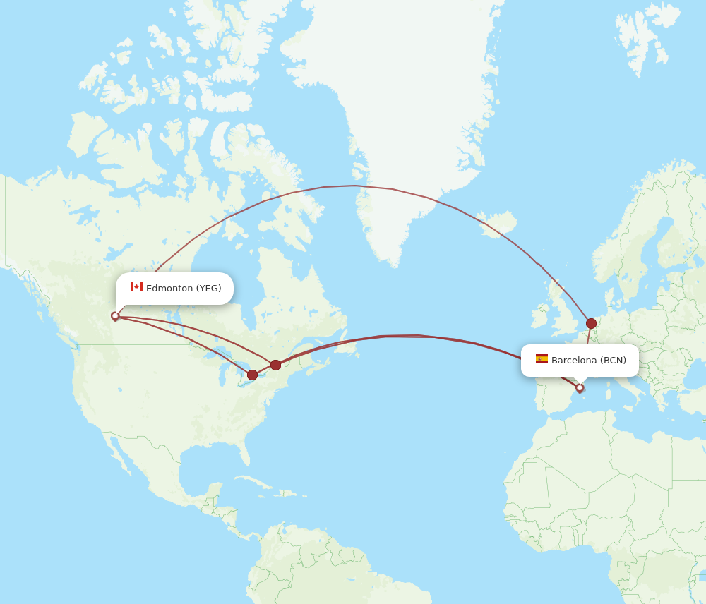 YEG to BCN flights and routes map