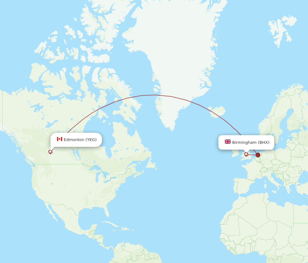 YEG to BHX flights and routes map