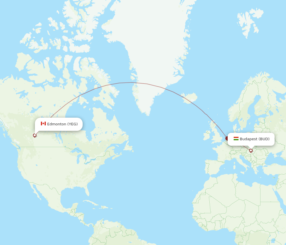BUD to YEG flights and routes map