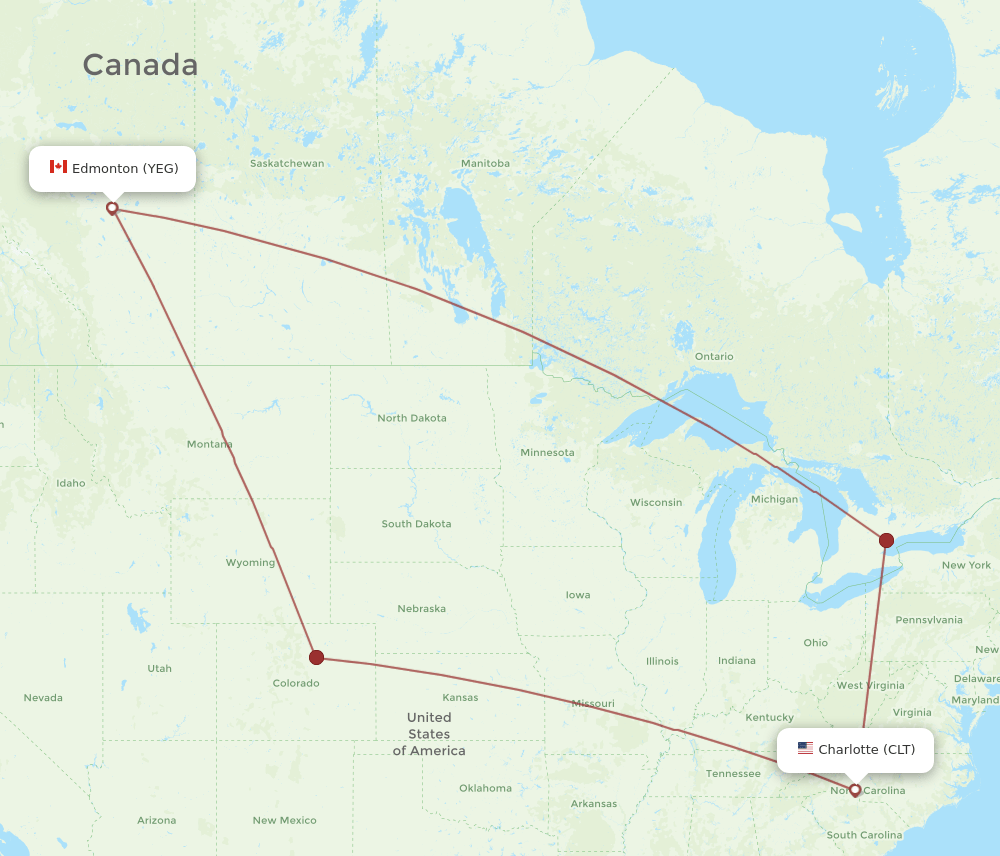 YEG to CLT flights and routes map