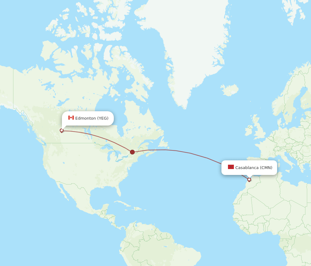 Casablanca - Edmonton route map and flight paths