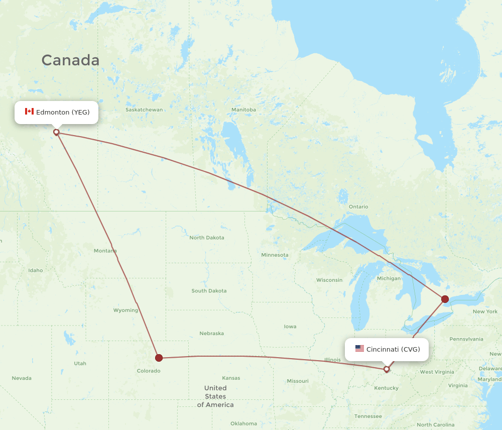 YEG to CVG flights and routes map