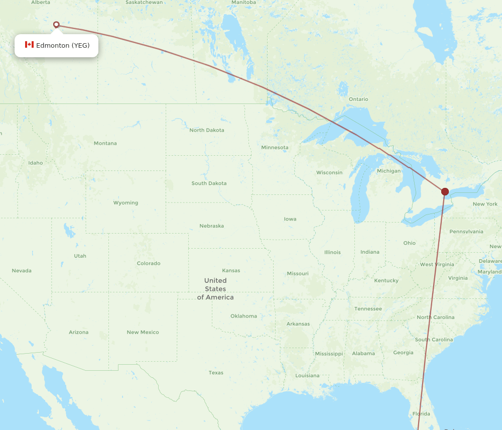 Edmonton - Havana route map and flight paths
