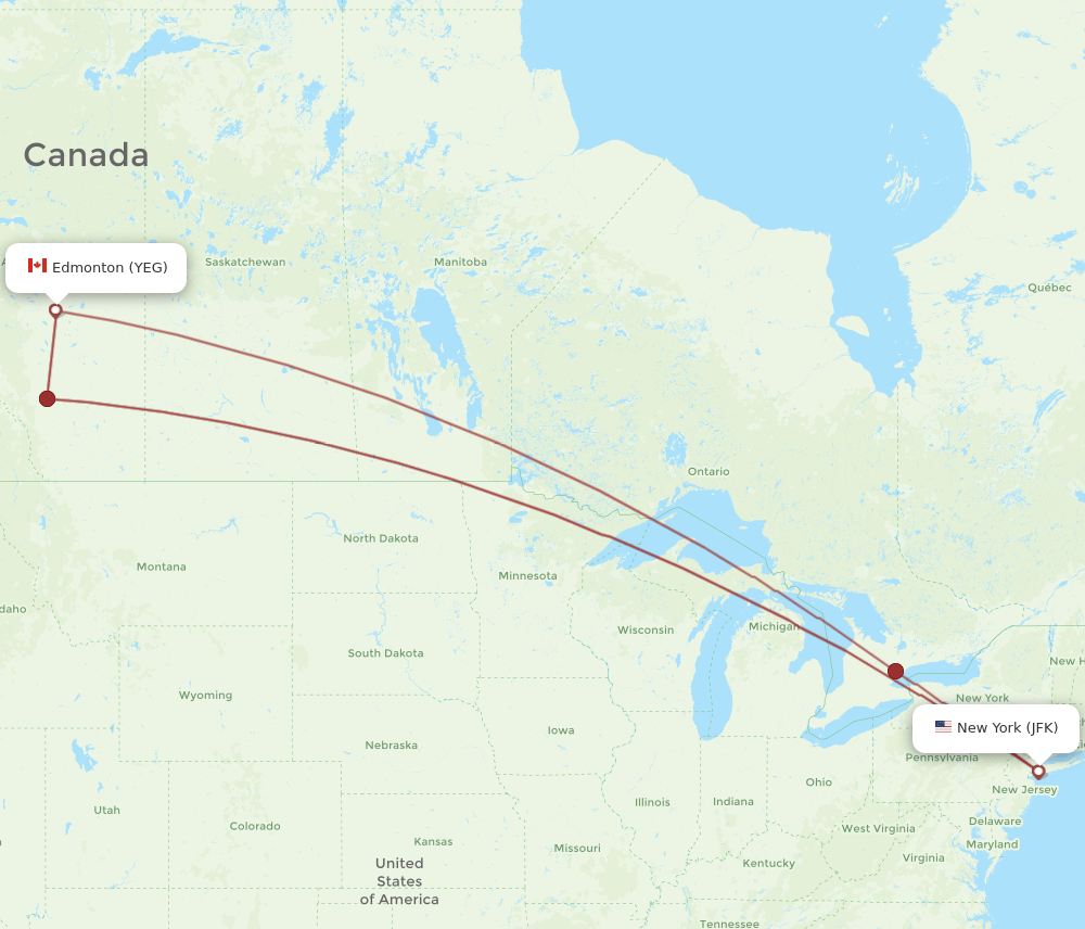 YEG to JFK flights and routes map