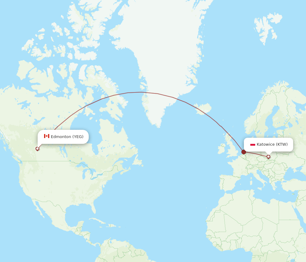 Edmonton - Katowice route map and flight paths