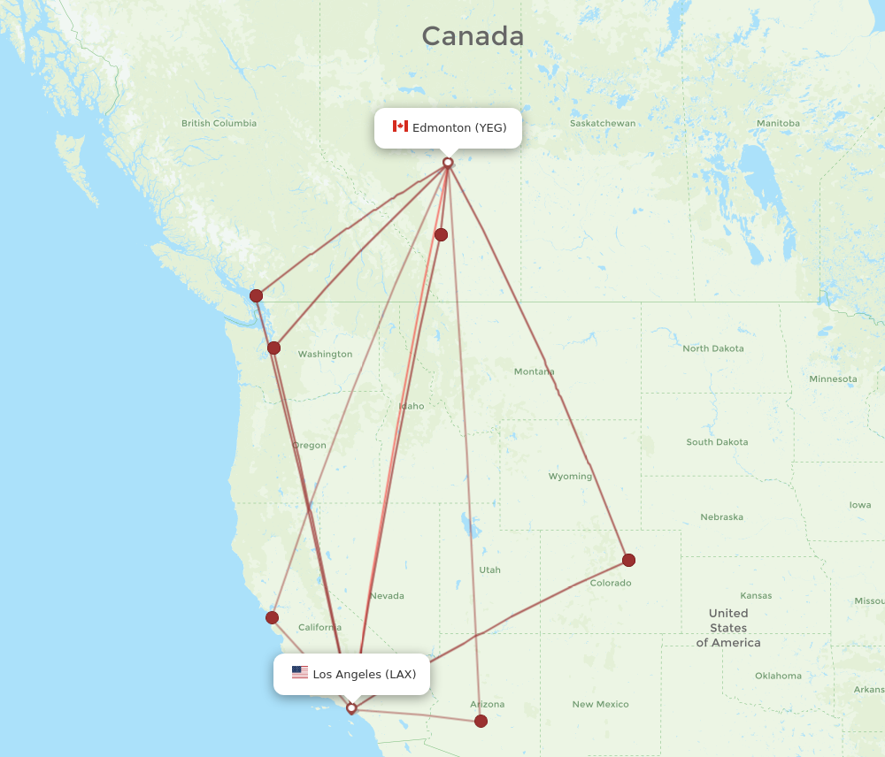 YEG to LAX flights and routes map