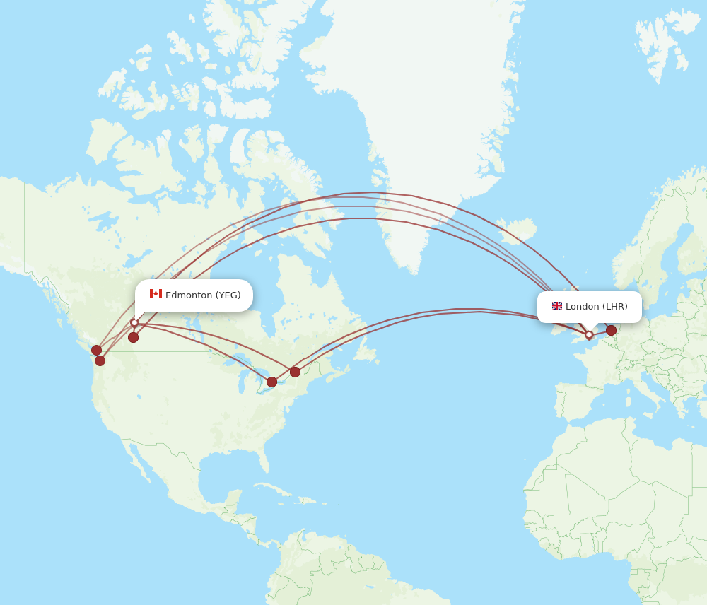 YEG to LHR flights and routes map