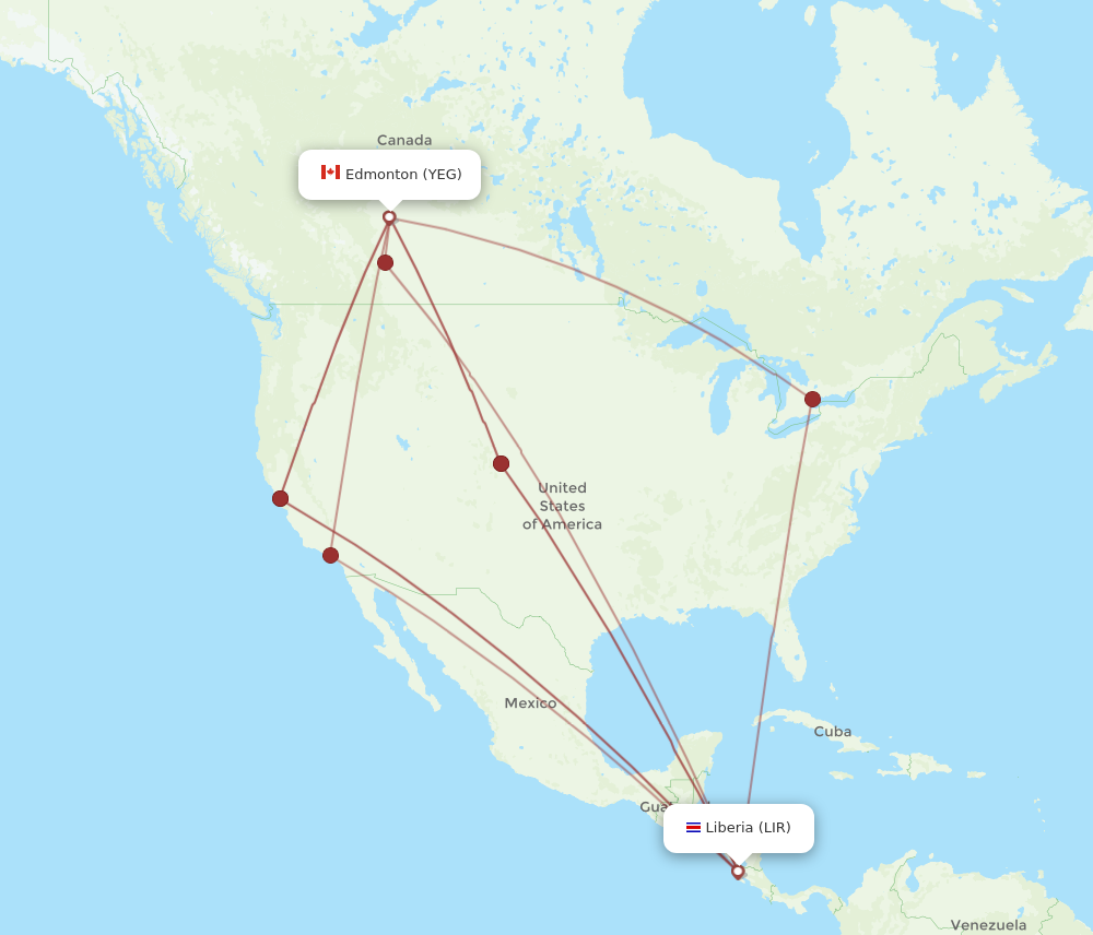 YEG to LIR flights and routes map