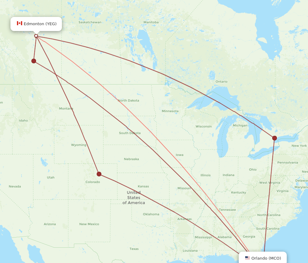YEG to MCO flights and routes map