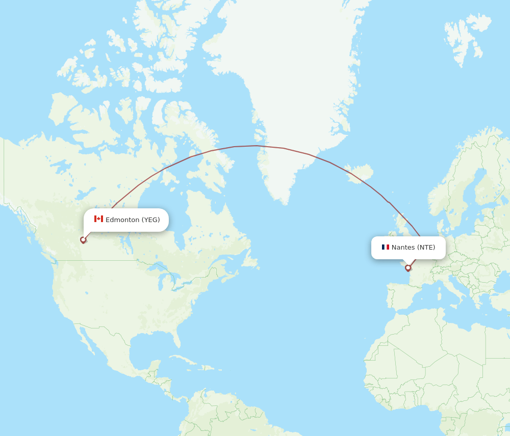 Nantes - Edmonton route map and flight paths