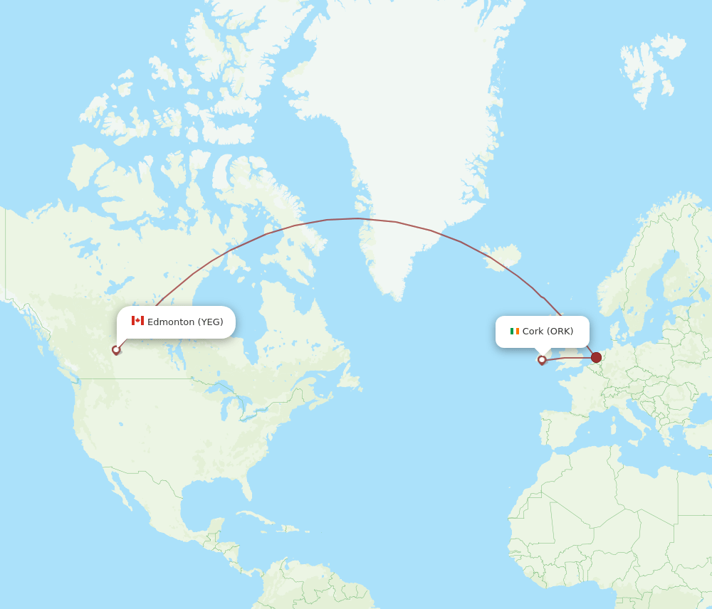 Cork - Edmonton route map and flight paths