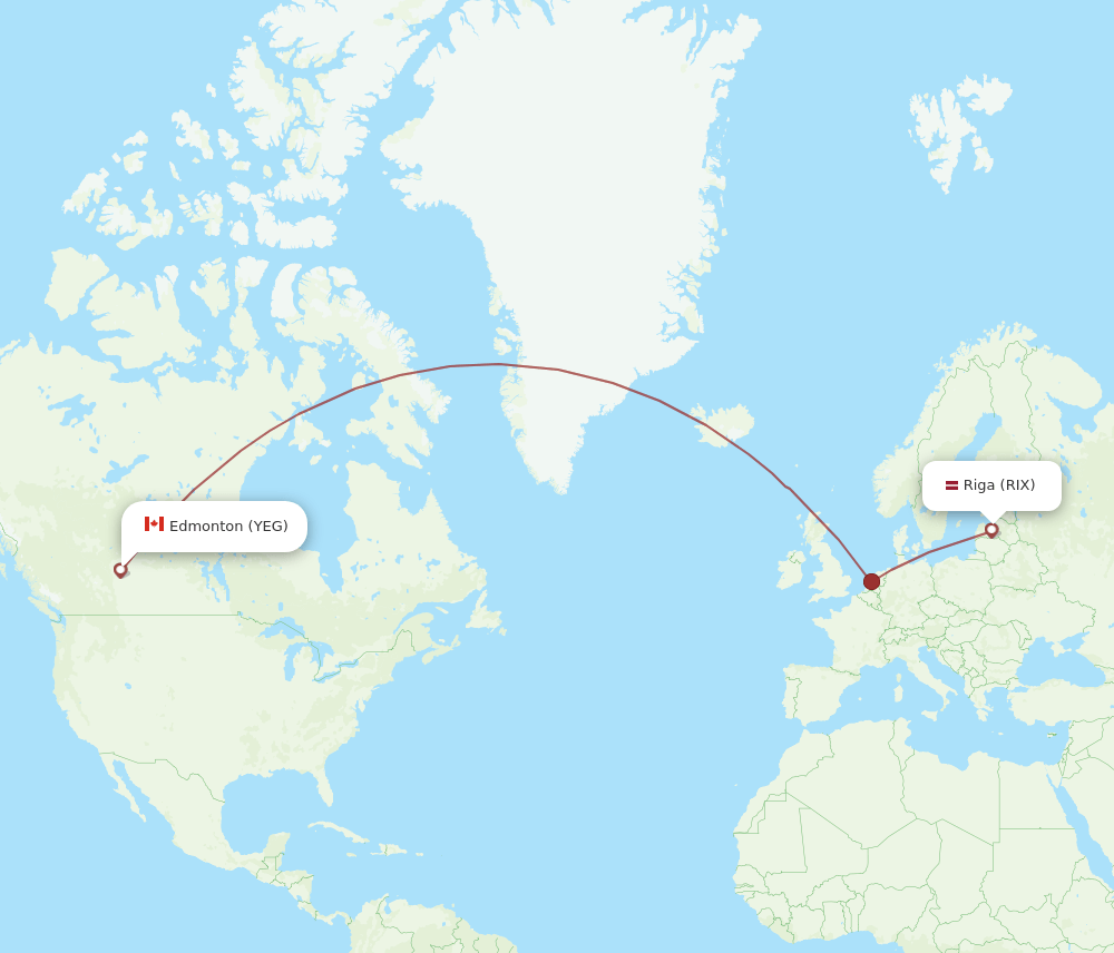 Riga - Edmonton route map and flight paths