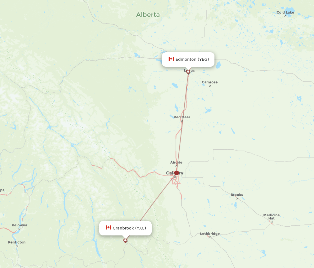 YEG-YXC flight routes