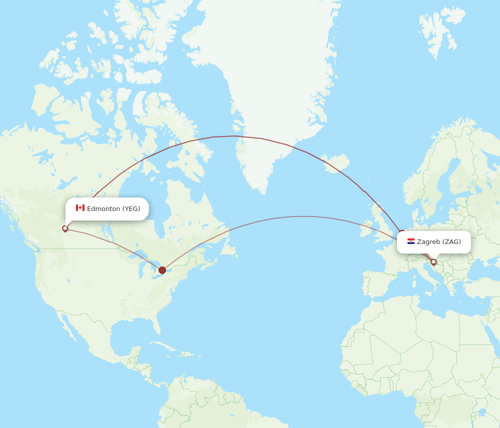Zagreb - Edmonton route map and flight paths