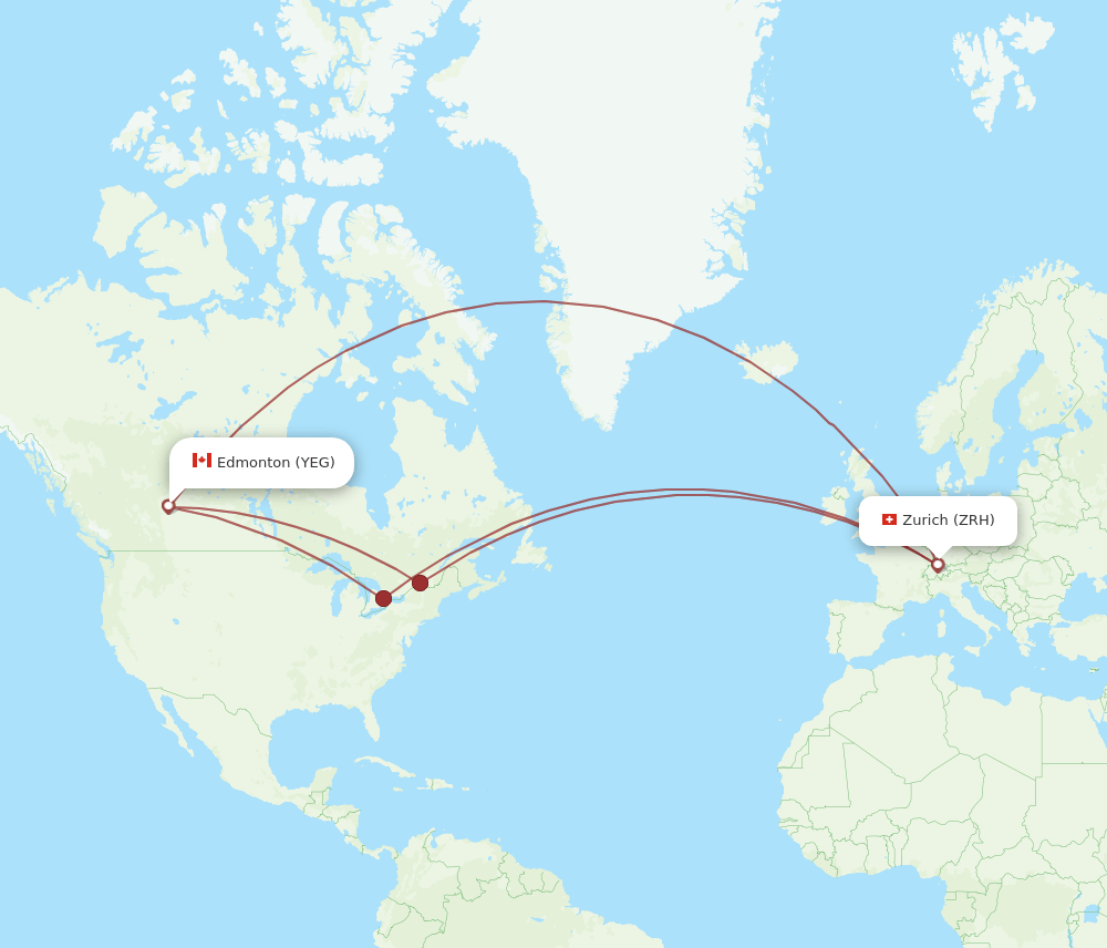 Zurich - Edmonton route map and flight paths