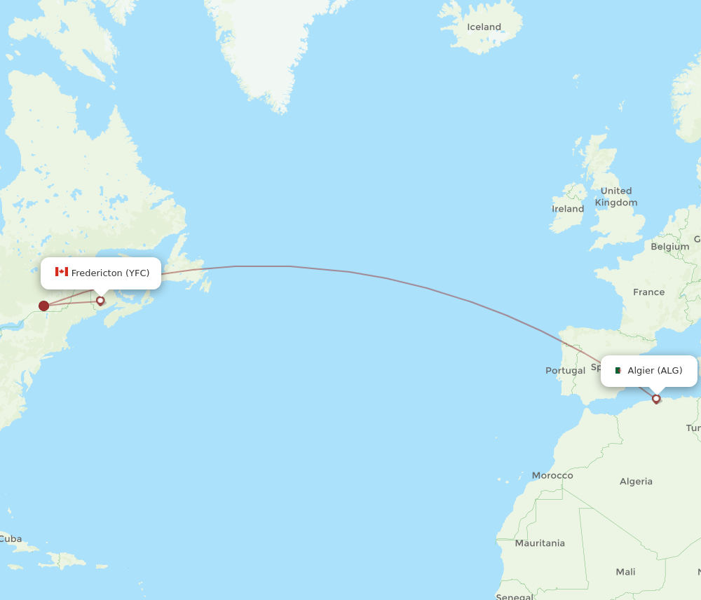 Algiers - Fredericton route map and flight paths