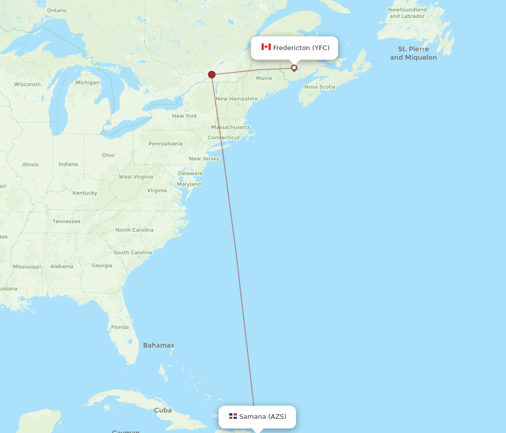 El Catey/Samana - Fredericton route map and flight paths