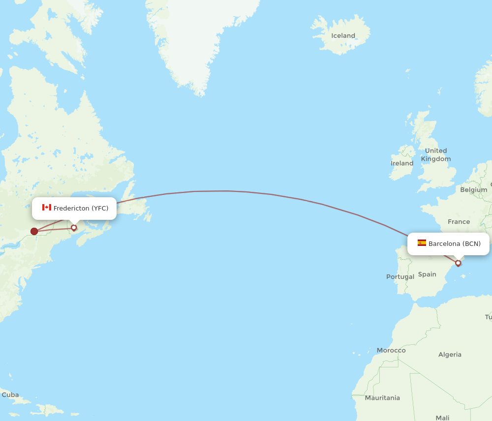 Barcelona - Fredericton route map and flight paths