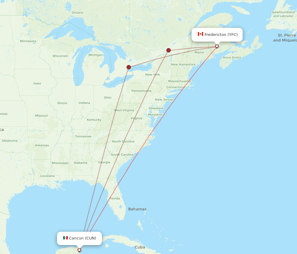 YFC to CUN flights and routes map