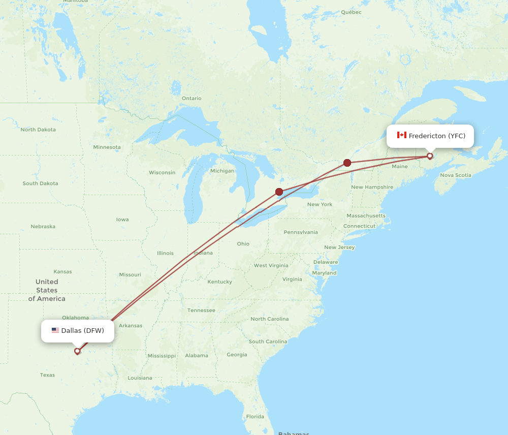 YFC-DFW flight routes