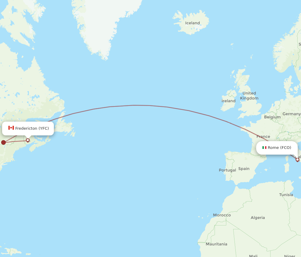 Rome - Fredericton route map and flight paths