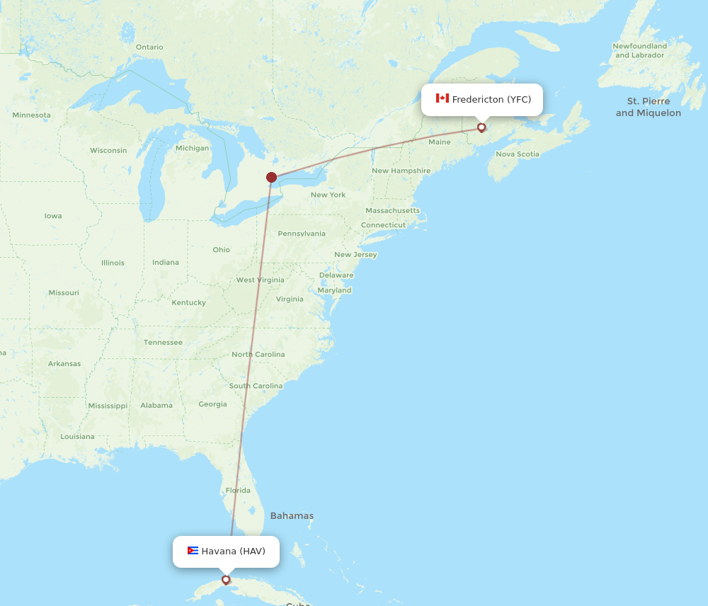 Fredericton - Havana route map and flight paths