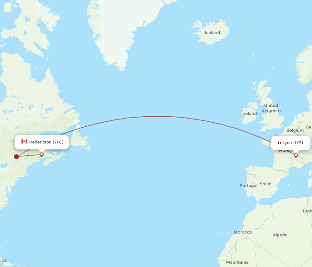 Lyon - Fredericton route map and flight paths