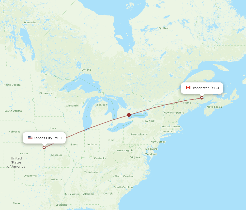 Kansas City - Fredericton route map and flight paths