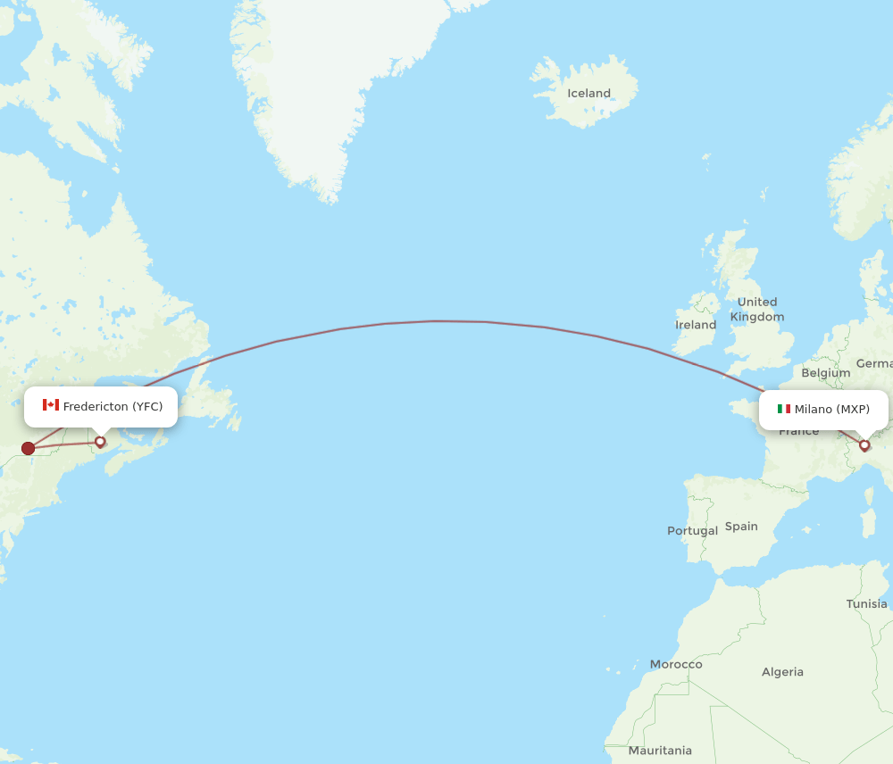 Milan - Fredericton route map and flight paths