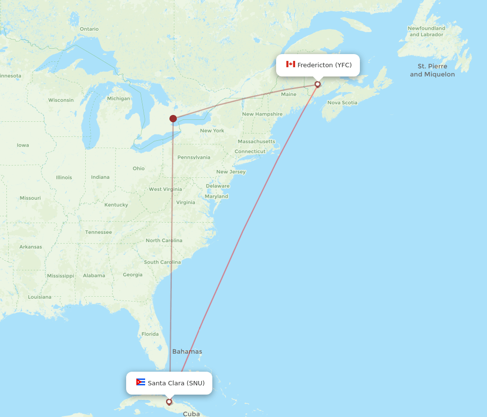 Fredericton - Santa Clara route map and flight paths