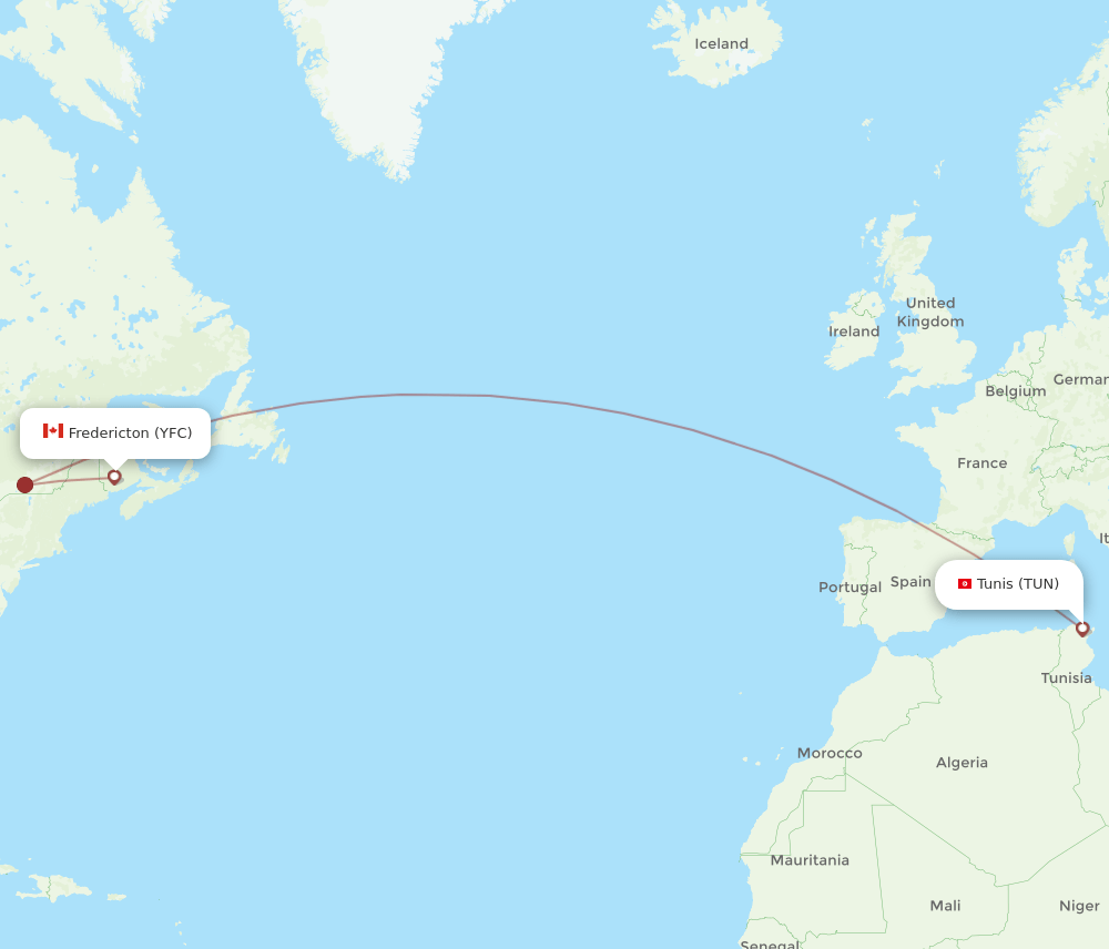 TUN to YFC flights and routes map